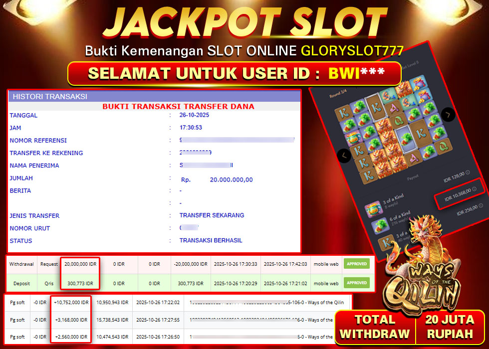 GLORYSLOT777 JACKPOT SLOT WAYS OF THE QILIN Rp 20.000.000.,- LUNAS