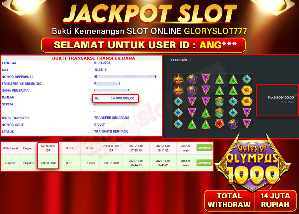 GLORYSLOT777 JACKPOT SLOT GATES OF OLYMPUS 1000 Rp 14.000.000.,- LUNAS