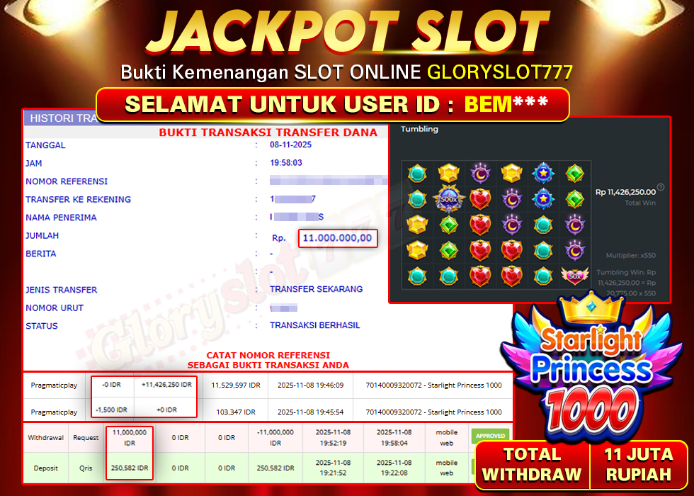 GLORYSLOT777 JACKPOT SLOT STARLIGHT PRINCESS 1000 Rp 11.000.000,- LUNAS