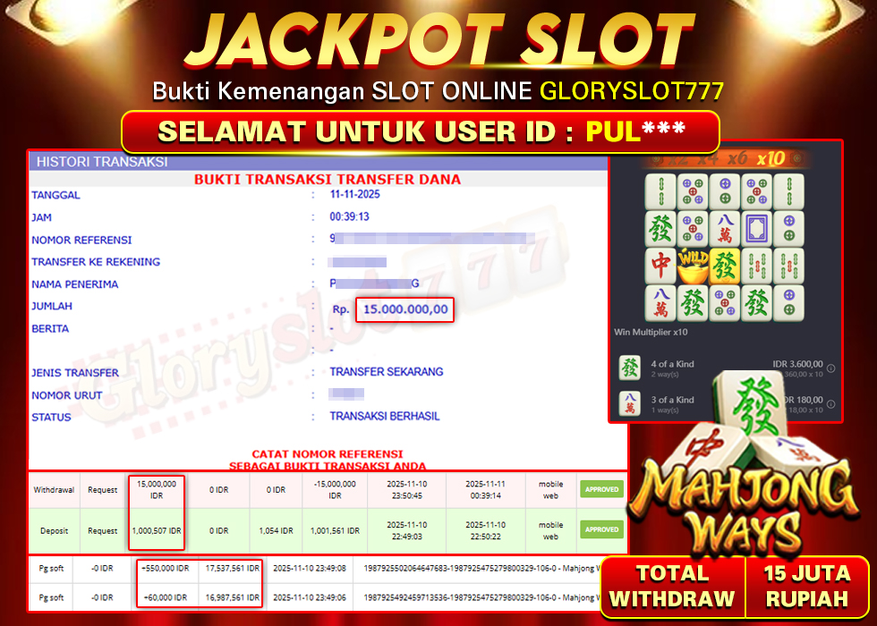 GLORYSLOT777 JACKPOT SLOT MAHJONG WAYS Rp 15.000.000,- LUNAS