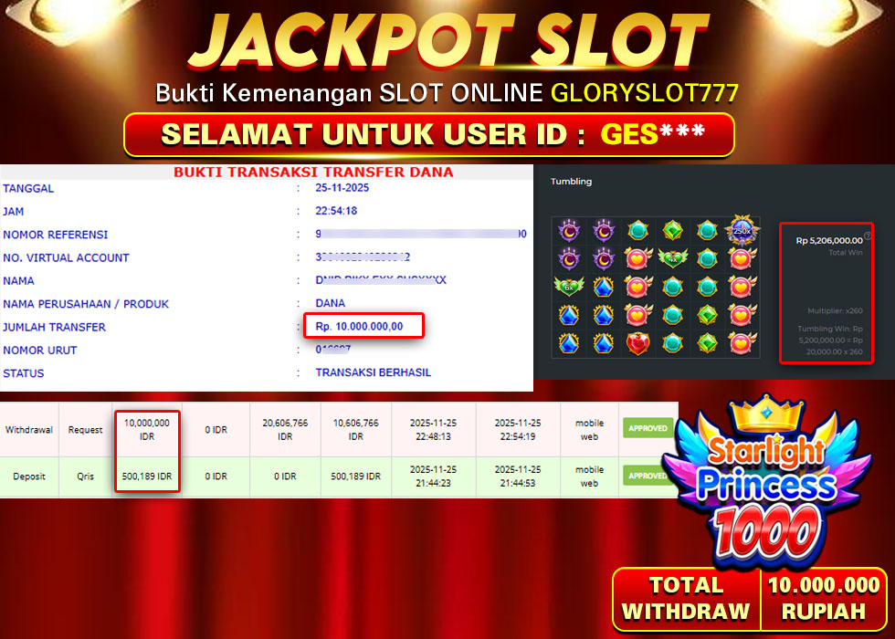 GLORYSLOT777 JACKPOT SLOT STARLIGHT PRINCESS 1000 Rp 10.000.000,- LUNAS