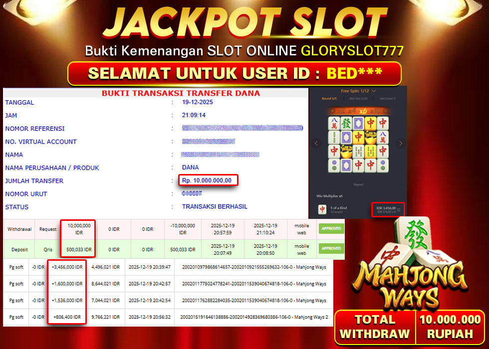 GLORYSLOT777 JACKPOT SLOT MAHJONG WAYS Rp 10.000.000,- LUNAS