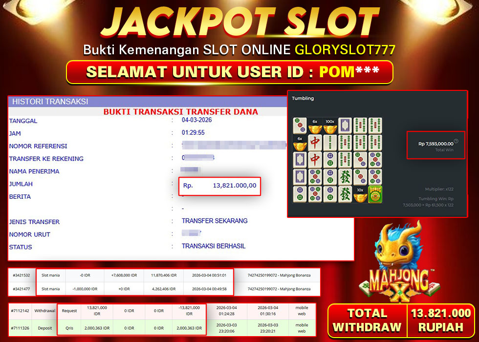 GLORYSLOT777 JACKPOT SLOT Mahjong Bonanza Rp 13.821.000,-  LUNAS