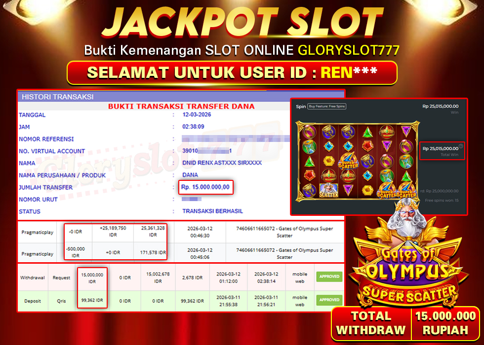 GLORYSLOT777 JACKPOT SLOT Gates of Olympus Super Scatter Rp 15.000.000,-  LUNAS