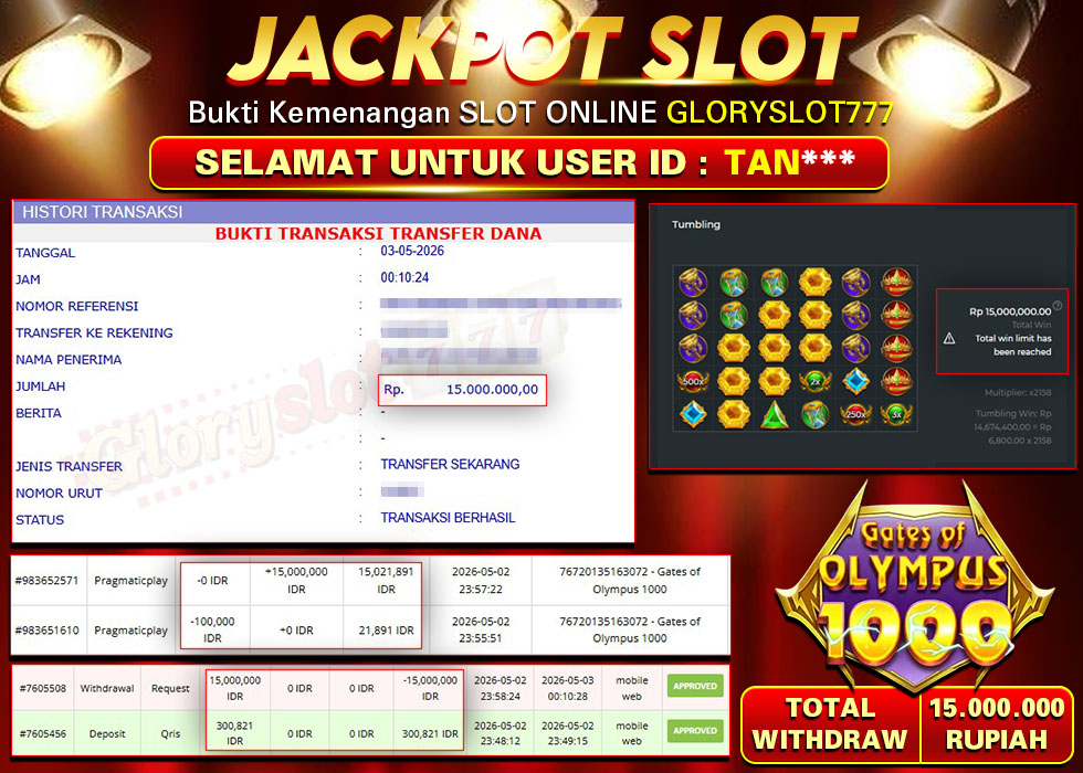 GLORYSLOT777 JACKPOT SLOT GATES OF OLYMPUS 1000 Rp 15.000.000,- LUNAS