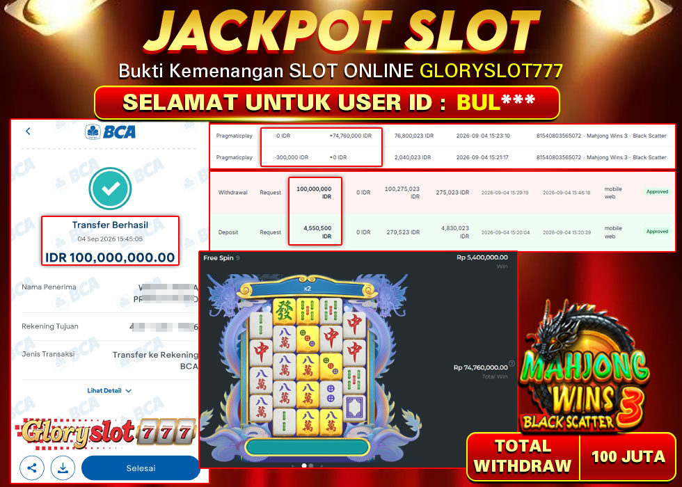 GLORYSLOT777 JACKPOT SLOT MAHJONG WINS 3 BLACK SCATTER Rp 100.000.000,- LUNAS