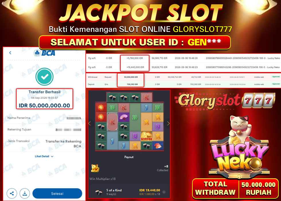 GLORYSLOT777 JACKPOT SLOT LUCKY NEKO Rp 50.000.000,- LUNAS