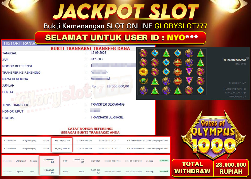 GLORYSLOT777 JACKPOT SLOT GATES OF OLYMPUS 1000 Rp 28.000.000,- LUNAS