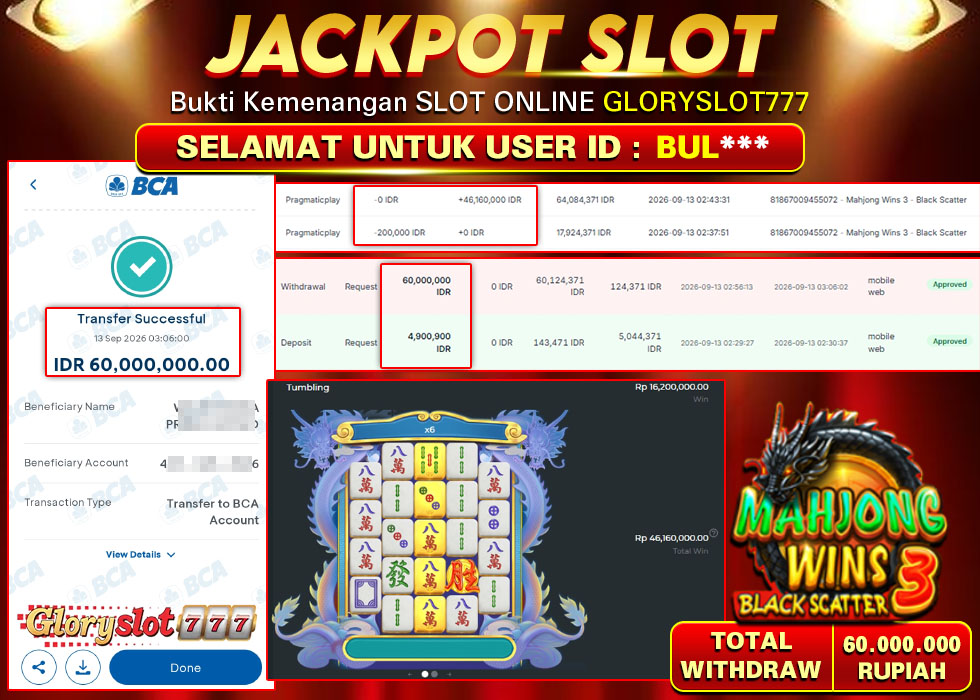 GLORYSLOT777 JACKPOT SLOT MAHJONG WINS 3 BLACK SCATTER Rp 60.000.000,- LUNAS